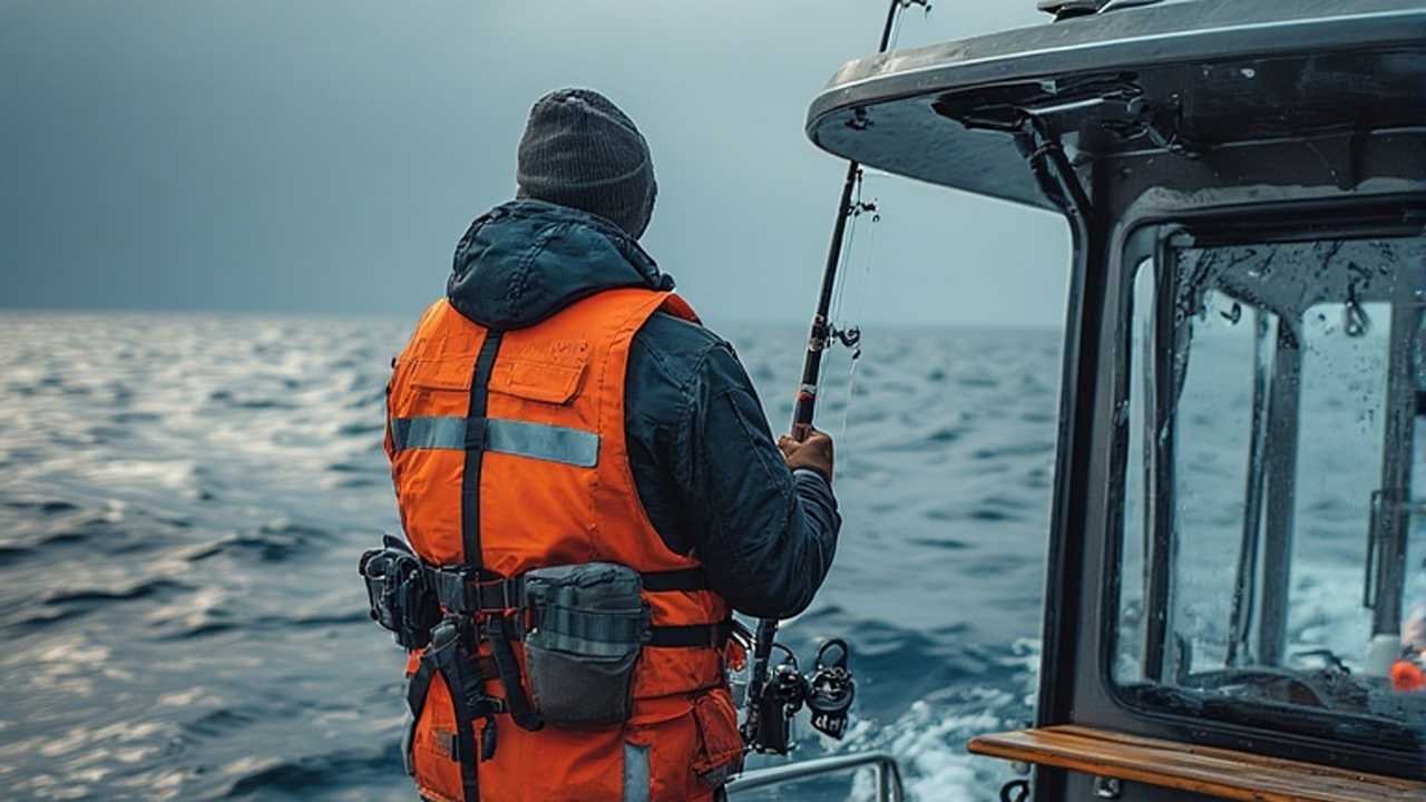 Angler wearing proper life jacket and safety gear while fishing from boat