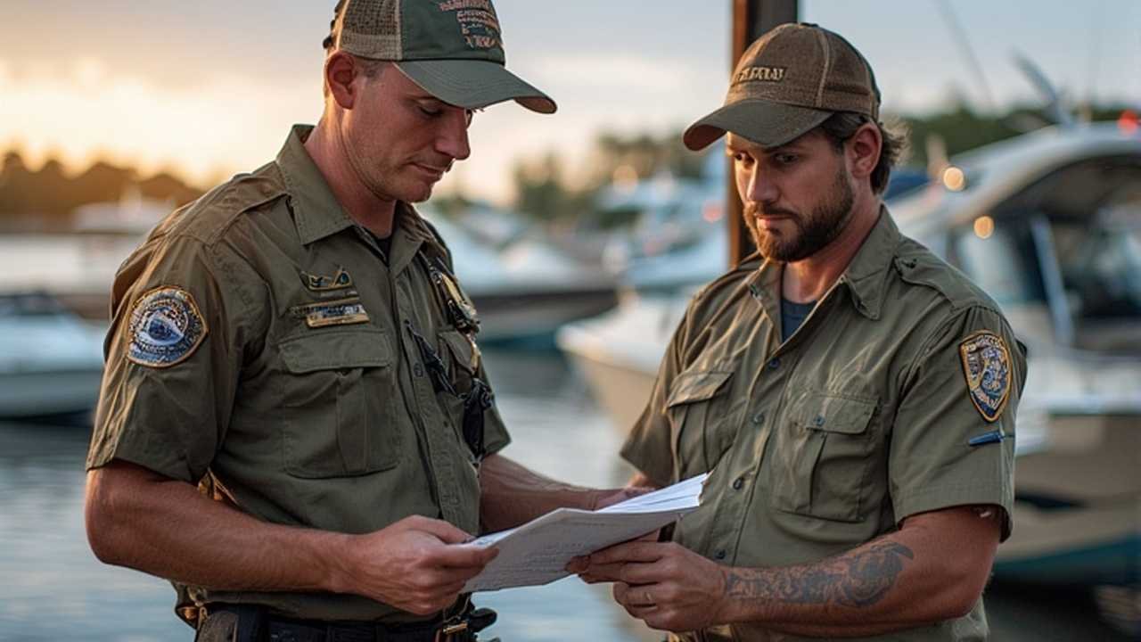 Conservation officer checking fishing license and catch on public lake