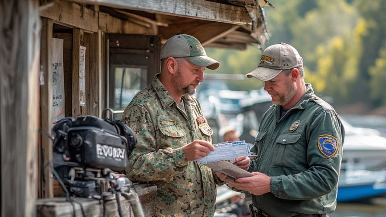 Conservation officer checking fishing license and inspecting catch of bass and trout at lakeside boat ramp