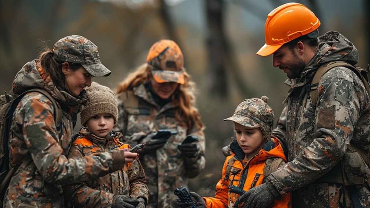Family of hunters conducting pre-season safety equipment check with firearms, first aid kit, and communication devices