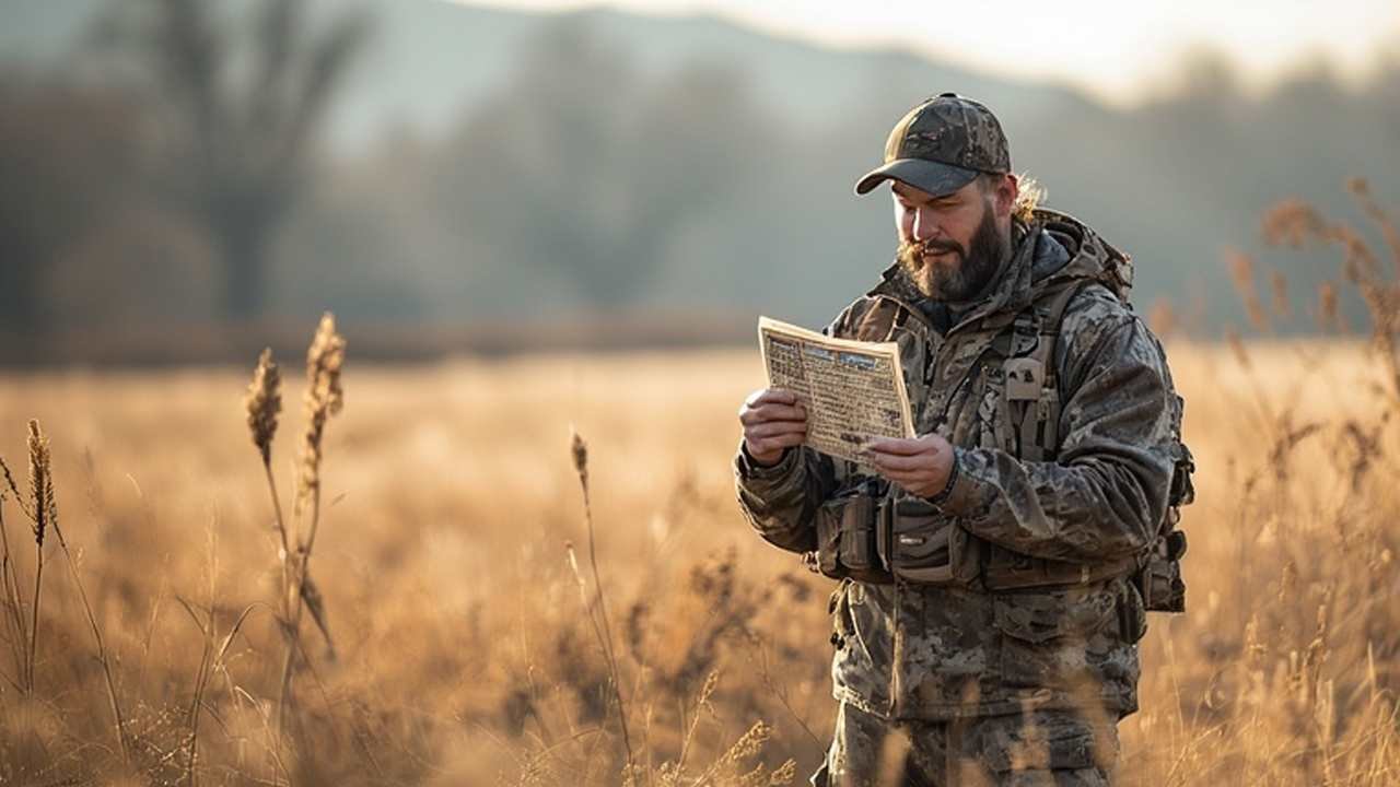 Hunter checking valid hunting license and deer tag in field before opening season