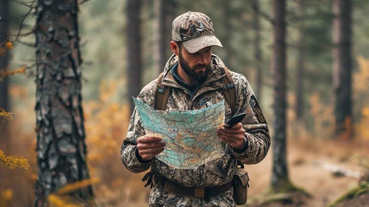 Hunter reviewing boundary maps on smartphone in national forest public hunting area