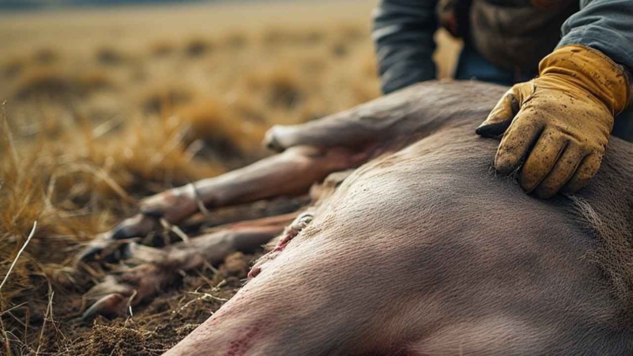 Hunter wearing protective gloves while field dressing harvested animal in field