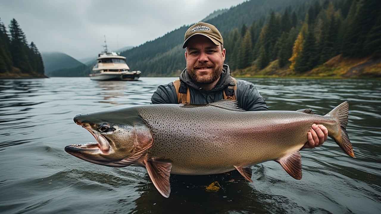 Large Chinook salmon held by fisherman on Columbia River with fishing boat and Oregon coastline visible