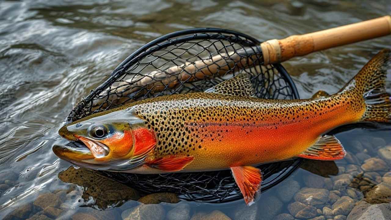 Rainbow trout caught in Montana river with fishing net and rod