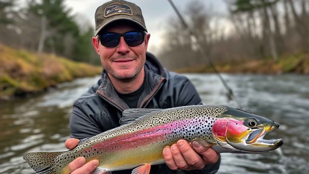 “Rhode Island angler holding rainbow trout at Lincoln Woods State Park with fishing rod” – Featured image showing successful trout catch
