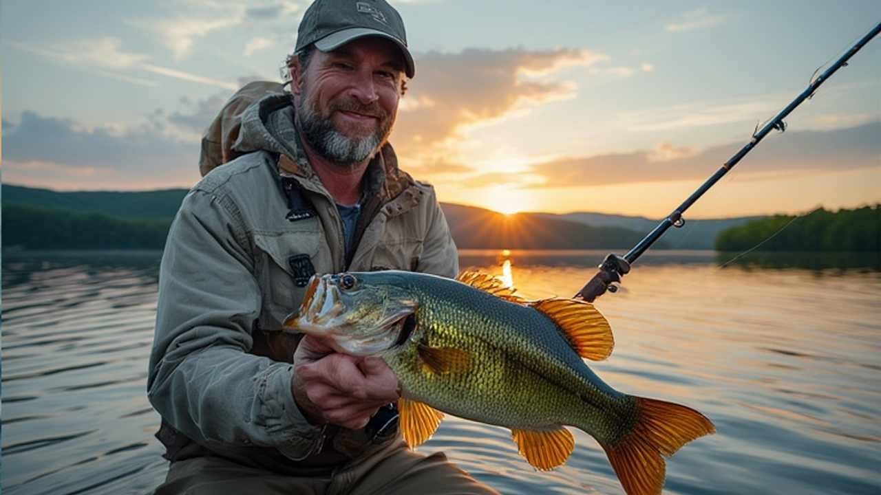 Tennessee angler holding largemouth bass on Chickamauga Lake at sunrise with fishing rod