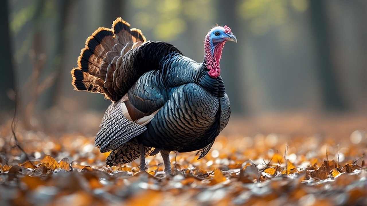 Alabama wild turkey gobbler strutting in spring hardwood forest