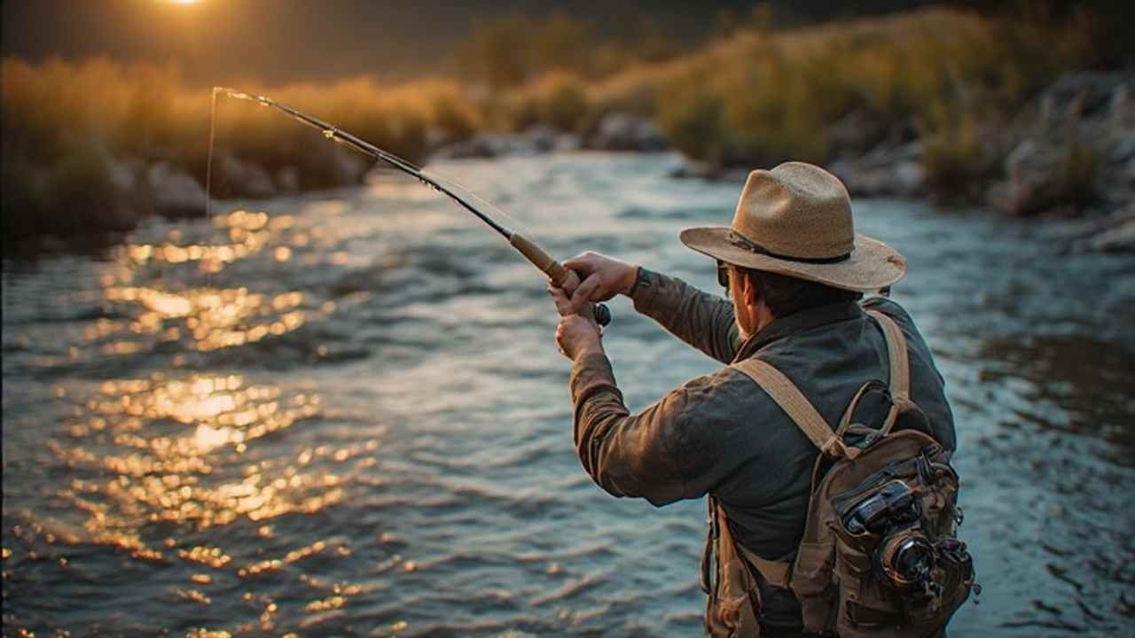 Angler casting a fly rod on a Wyoming river at sunrise