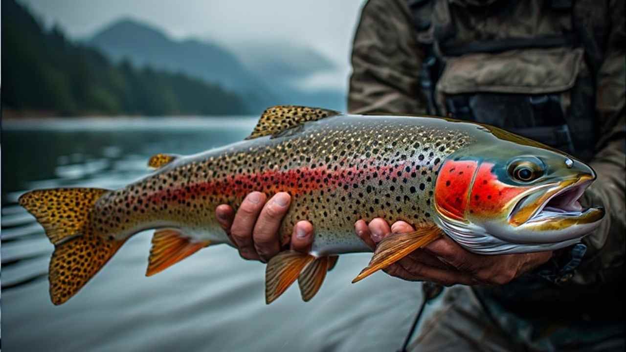 Angler holding a large rainbow trout caught in Washington state lake with mountain backdrop
