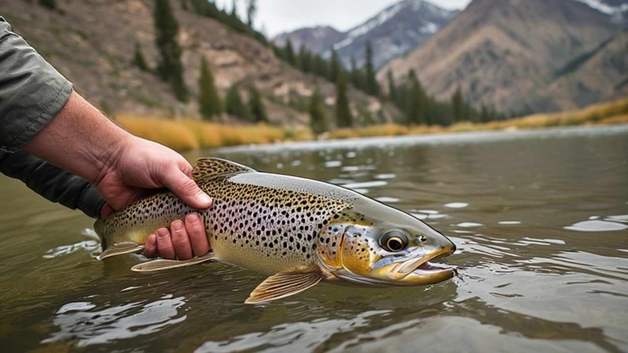 Angler holding large cutthroat trout at Strawberry Reservoir Utah with mountain backdrop