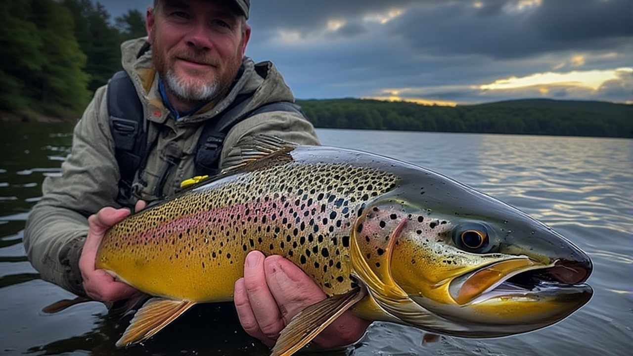 Angler holding trophy lake trout caught in Lake Champlain Vermont