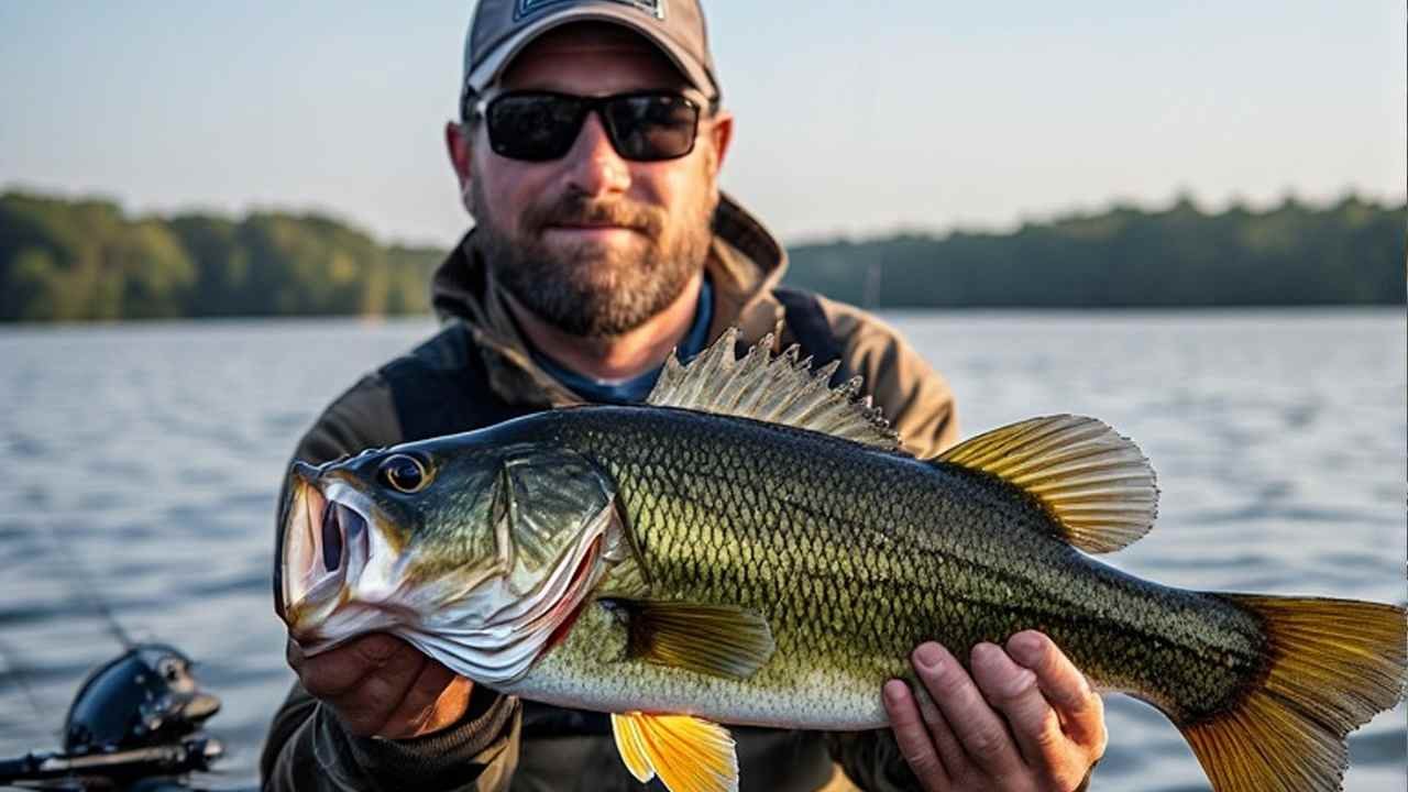 Angler holding trophy largemouth bass at Smith Mountain Lake, Virginia