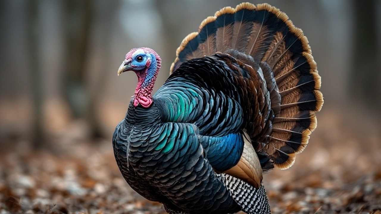 Close-up of Eastern wild turkey gobbler with full fan display in Arkansas woodland