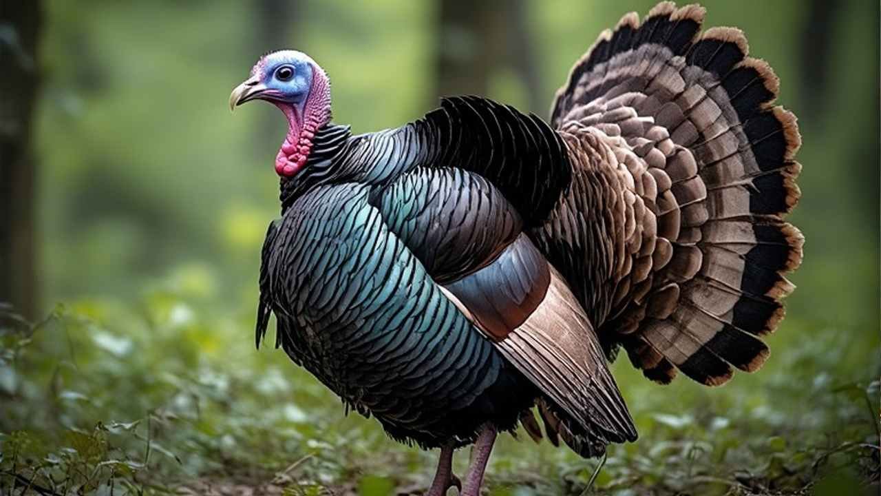 Eastern wild turkey displaying tail feathers in Virginia woodland habitat