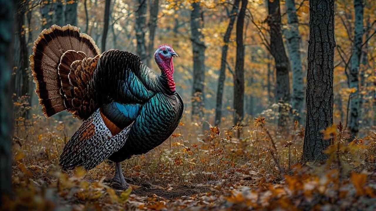 Fall turkey hunting in West Virginia hardwood forest with colorful fall foliage