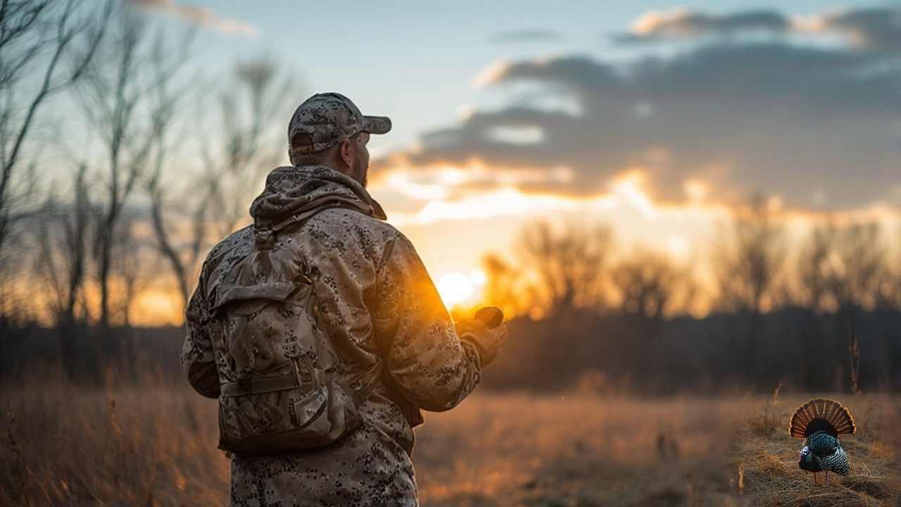 Hunter in camouflage calling wild turkey in Massachusetts public hunting land at sunrise