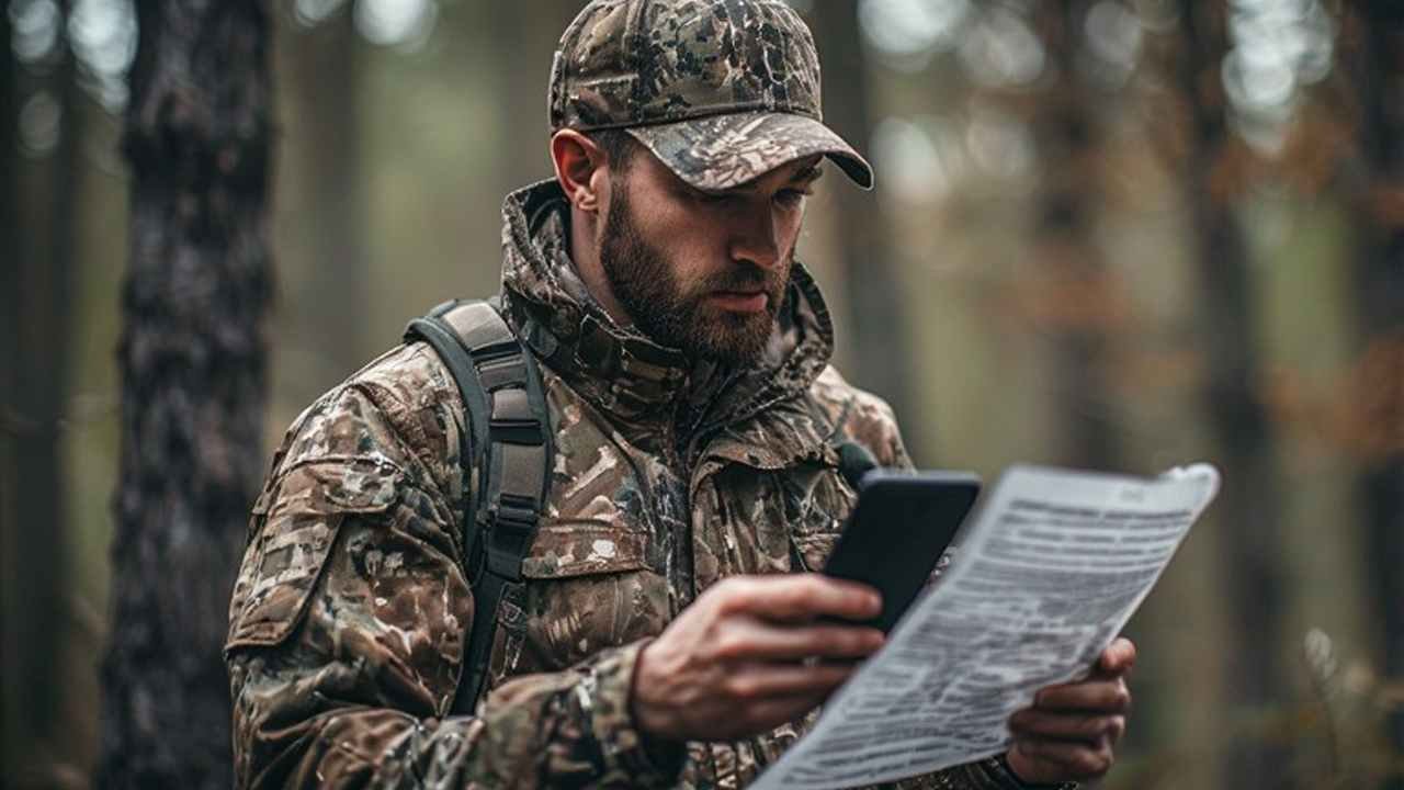 Hunter in camouflage checking hunting regulations on smartphone in forest during deer season