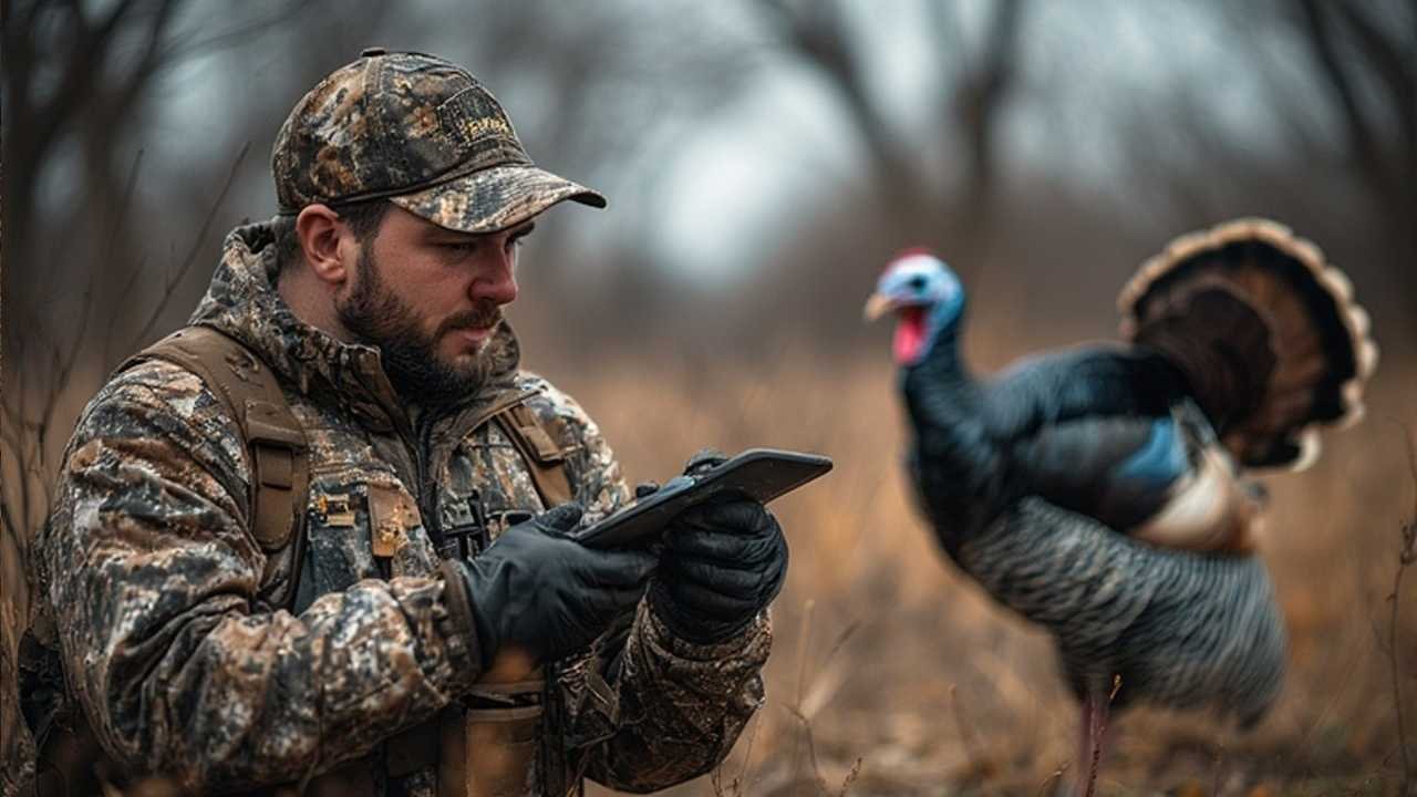 Hunter in camouflage using a slate call during spring turkey season in New Hampshire