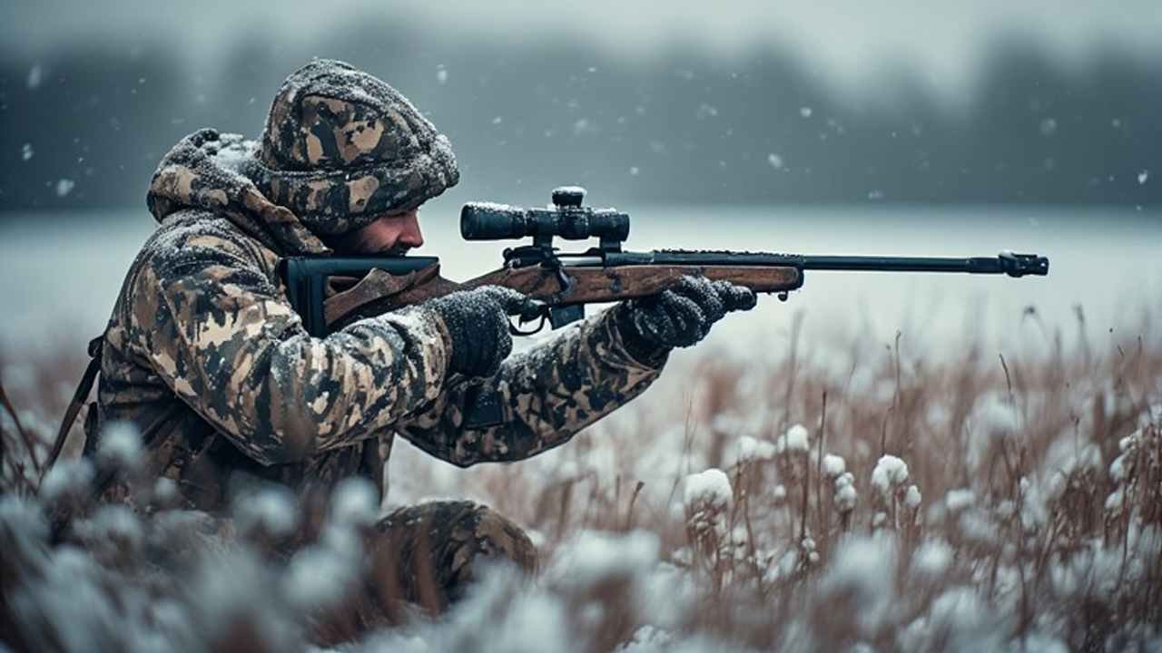 Hunter in winter camouflage aiming rifle in snowy field during January deer hunting season
