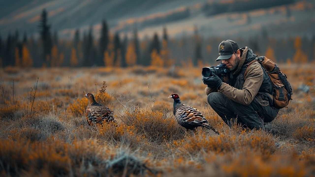 Hunter scanning Alaskan tundra for ptarmigan during early fall