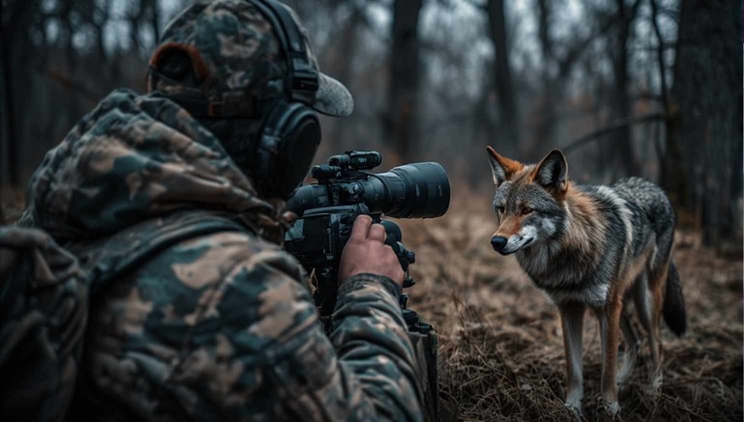 Hunter using thermal imaging scope for legal coyote night hunting with proper equipment and safety gear