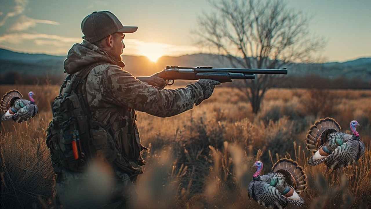 Hunter with shotgun preparing for spring wild turkey hunt in Utah oak brush terrain at sunrise