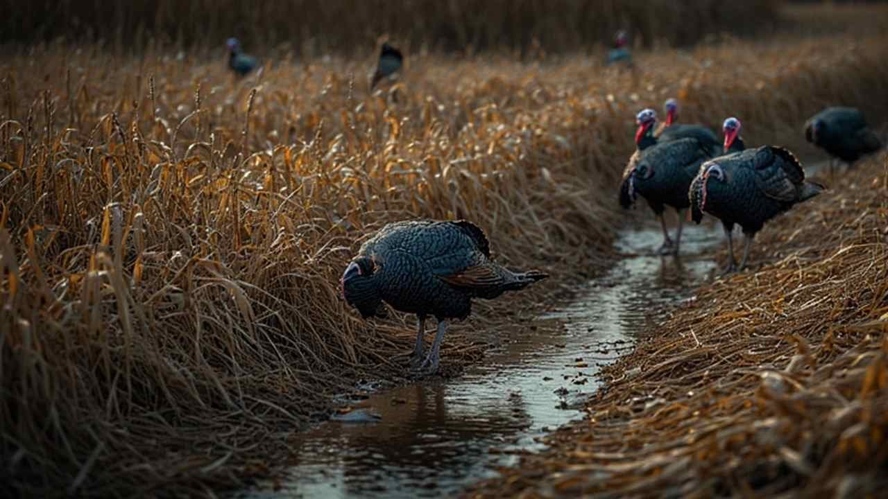 Kansas fall turkey flock foraging in harvested cornfield near wooded creek bottom