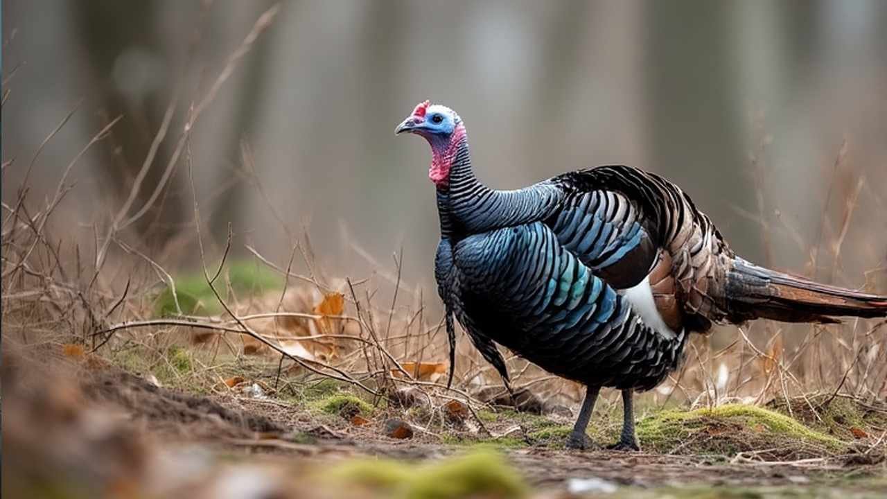 Wild turkey displaying tail feathers in Connecticut spring woodland habitat