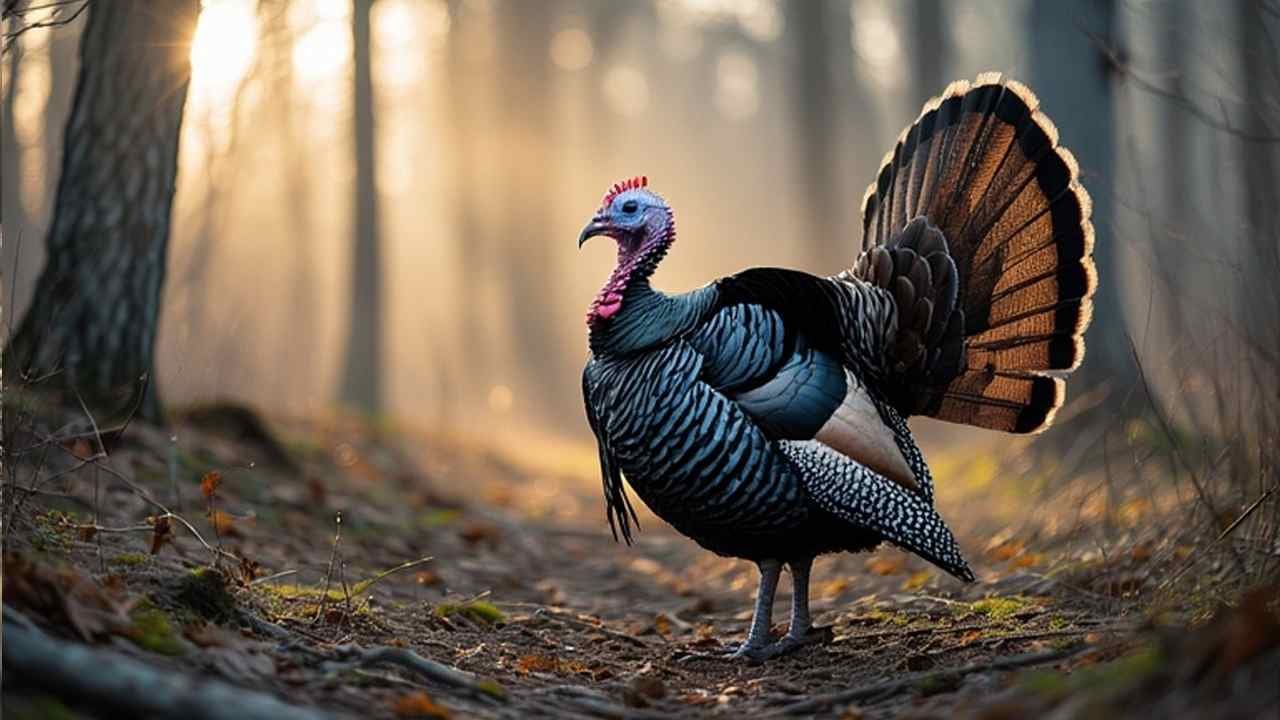 Wild turkey gobbler displaying tail fan in Maine spring forest with morning sunlight filtering through trees