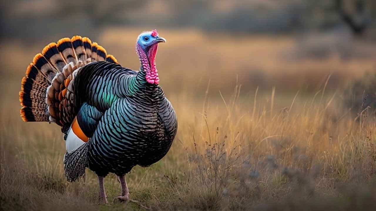 Wild turkey gobbler in a Texas hill country meadow during spring hunting season