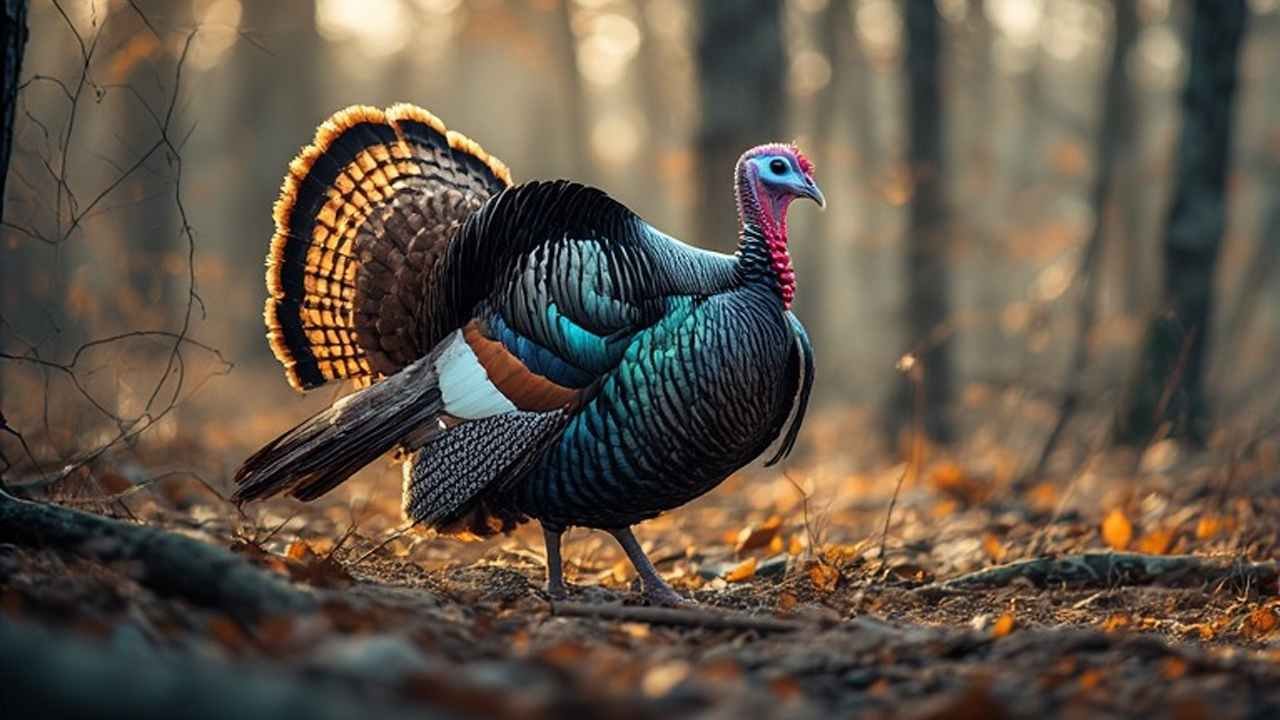 Wild turkey in Vermont forest during spring hunting season with early morning sunlight filtering through trees