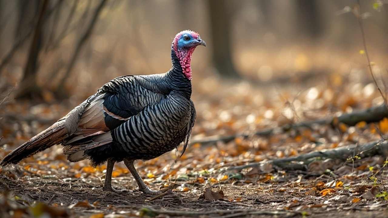 Wild turkey standing in a New York woodland clearing in spring