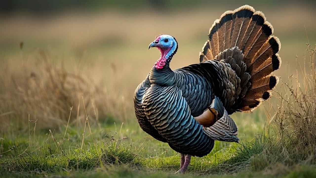 Wild turkey strutting in Iowa grassland during spring mating season
