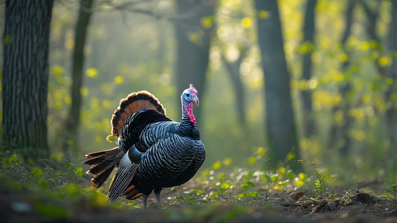 Wild turkey strutting in New Jersey woodland during spring mating display