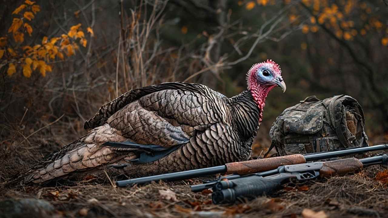 Harvested wild turkey displayed with shotgun and hunting gear in Rhode Island