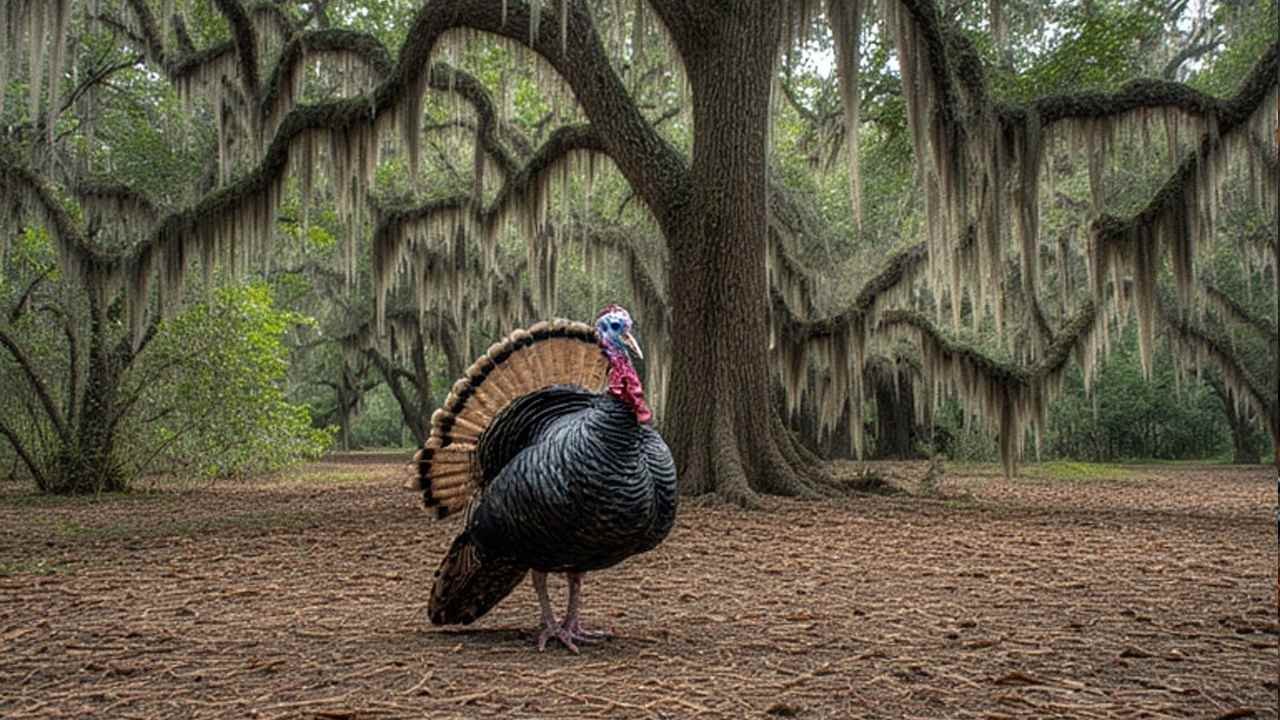 Wild turkey strutting in South Carolina lowland habitat with Spanish moss and oak trees
