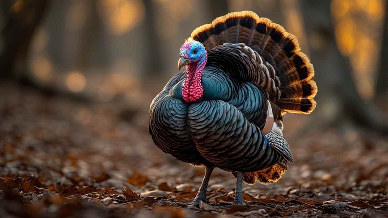 Eastern wild turkey displaying tail feathers in Pennsylvania hardwood habitat