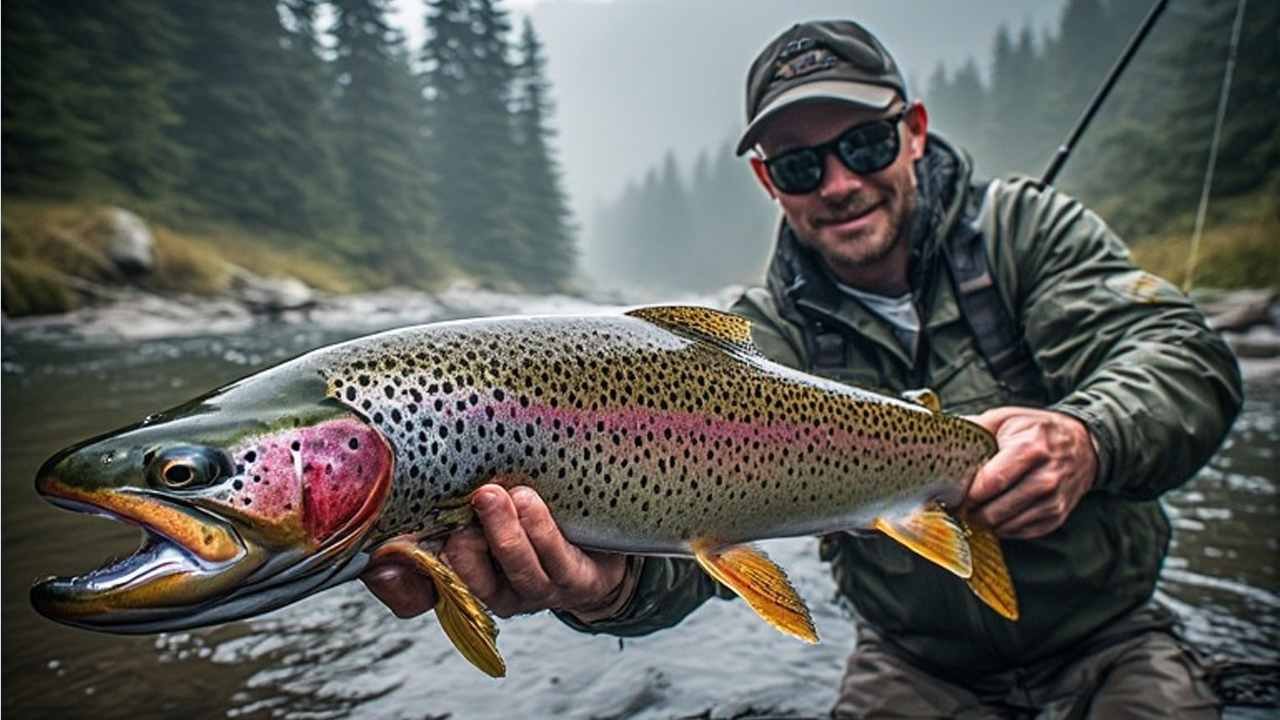 Angler holding a rainbow trout on a misty opening morning at a mountain stream