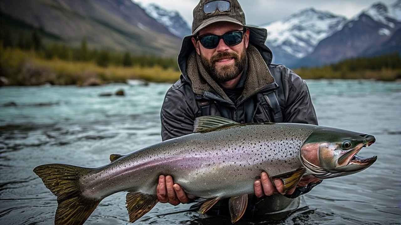 Angler holding large king salmon on Kenai River Alaska with mountains in background
