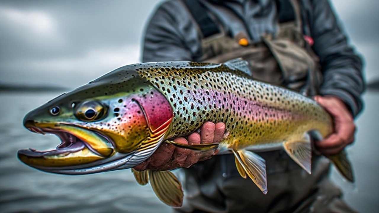 Angler holding rainbow trout during inland trout season opening day