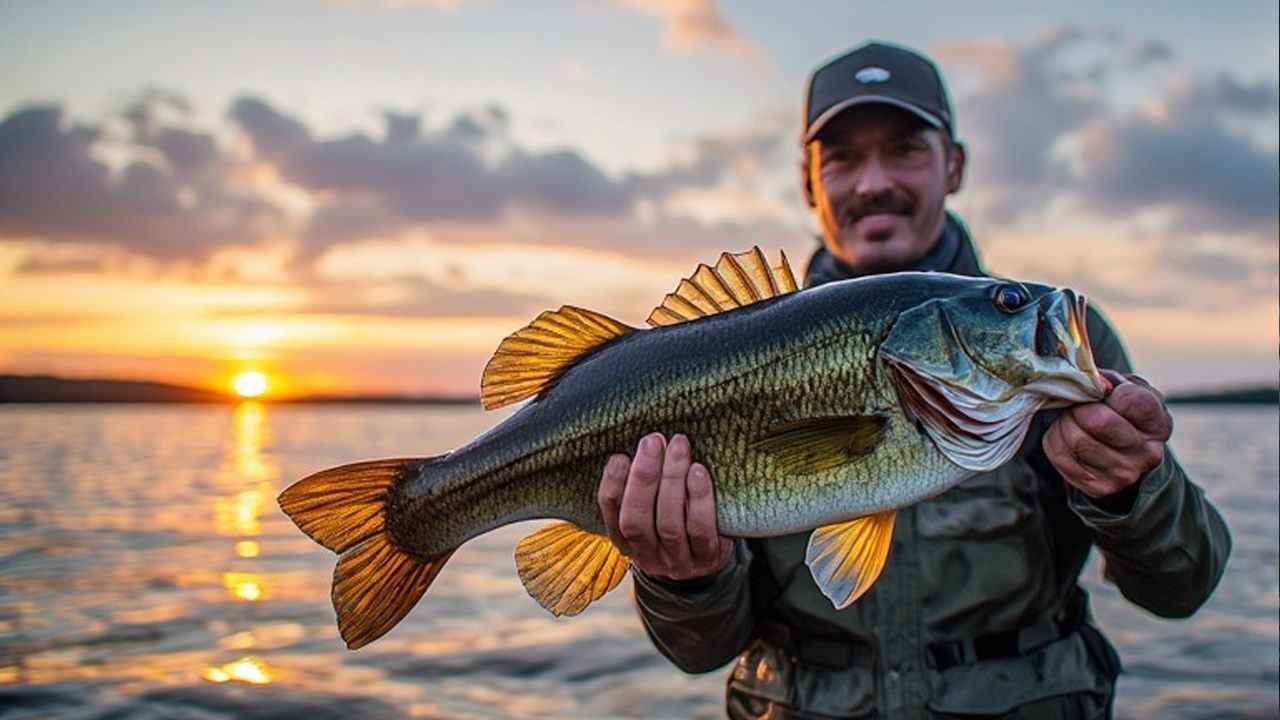 Angler holding trophy largemouth bass caught at Lake Guntersville Alabama at sunrise