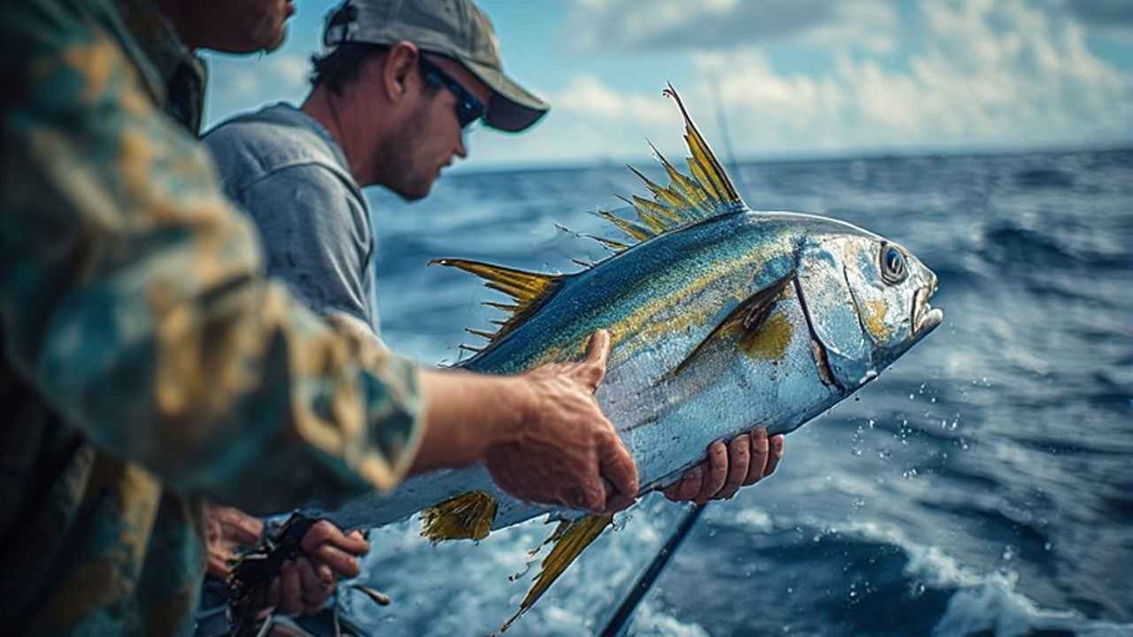 Angler holding yellowfin tuna ahi on charter boat Hawaii fishing trip