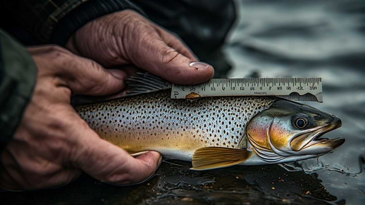 Angler measuring speckled trout against ruler to ensure compliance with state size limits