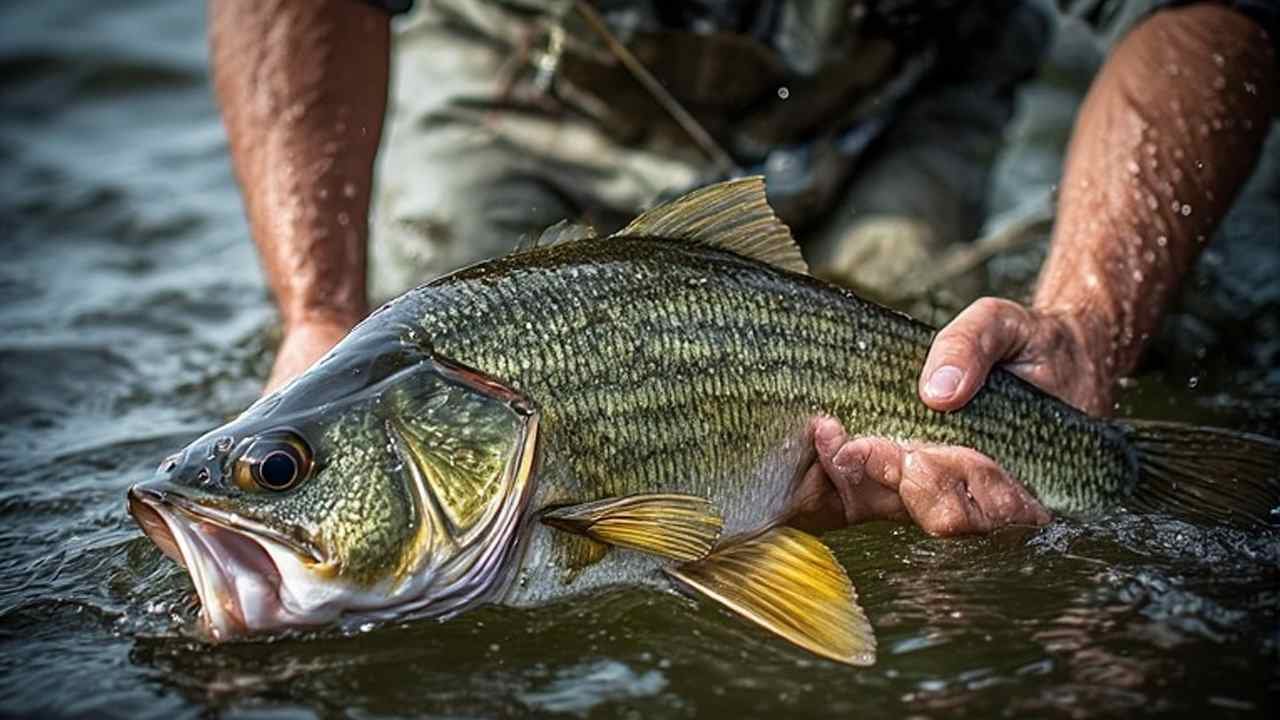 Angler practicing proper catch and release technique holding largemouth bass horizontally over water with wet hands