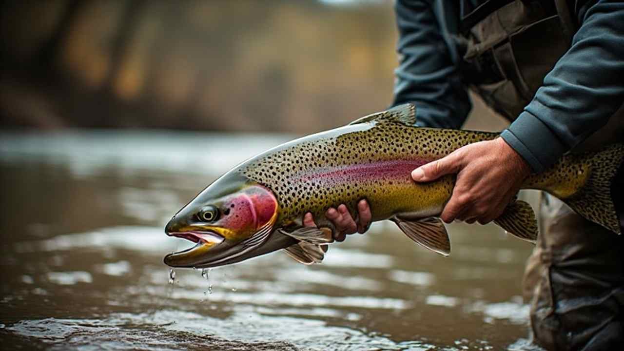 Angler releasing rainbow trout on White River Arkansas following new catch limits