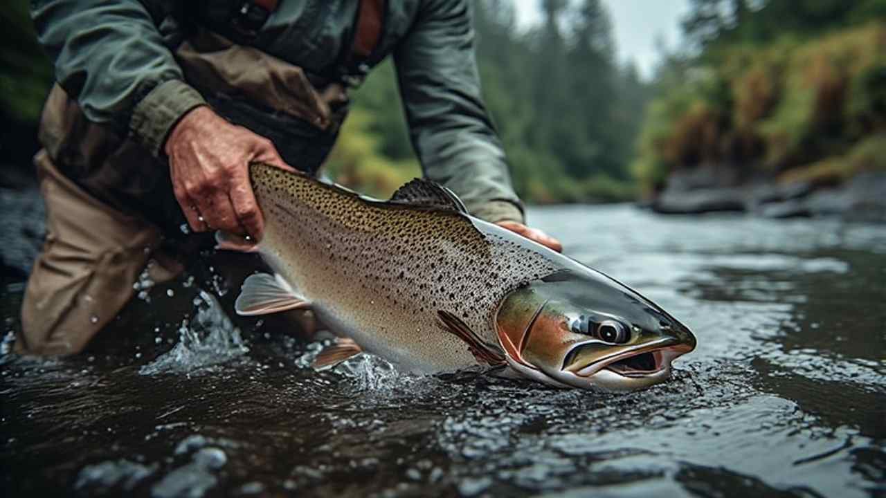 Angler releasing wild steelhead in water on Washington coastal river