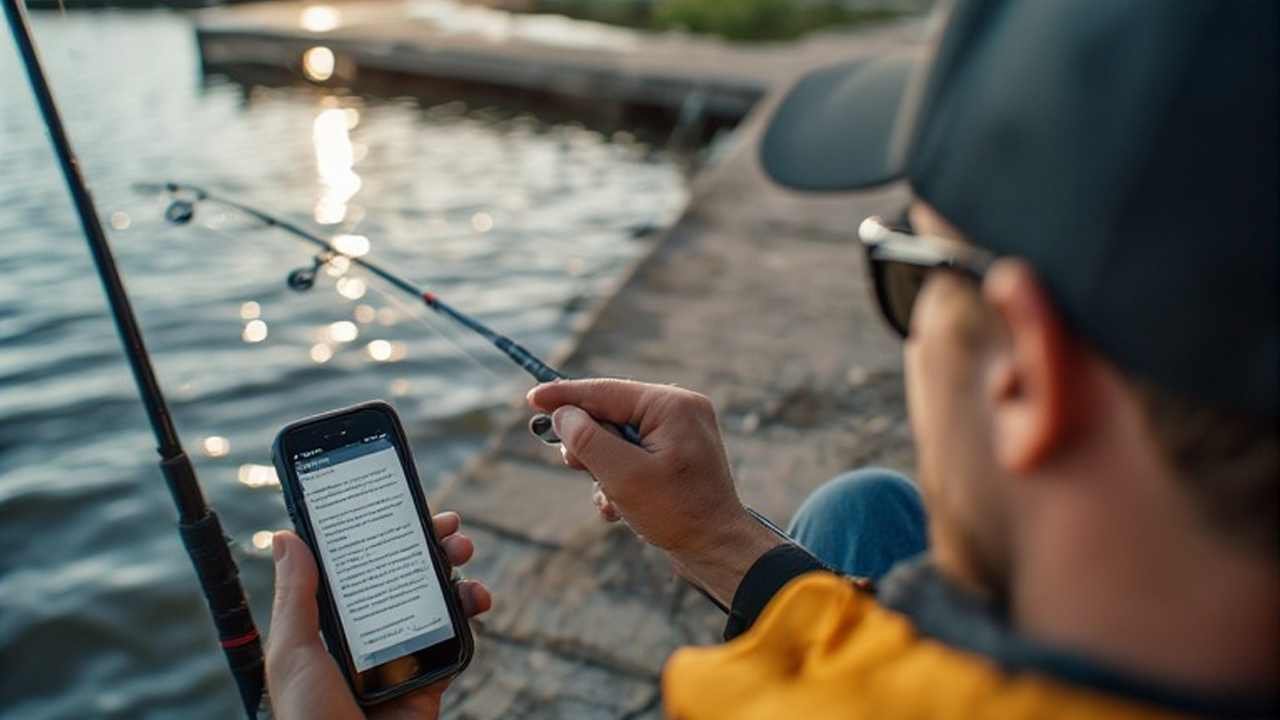 Angler showing digital fishing license PDF on a smartphone near a boat ramp