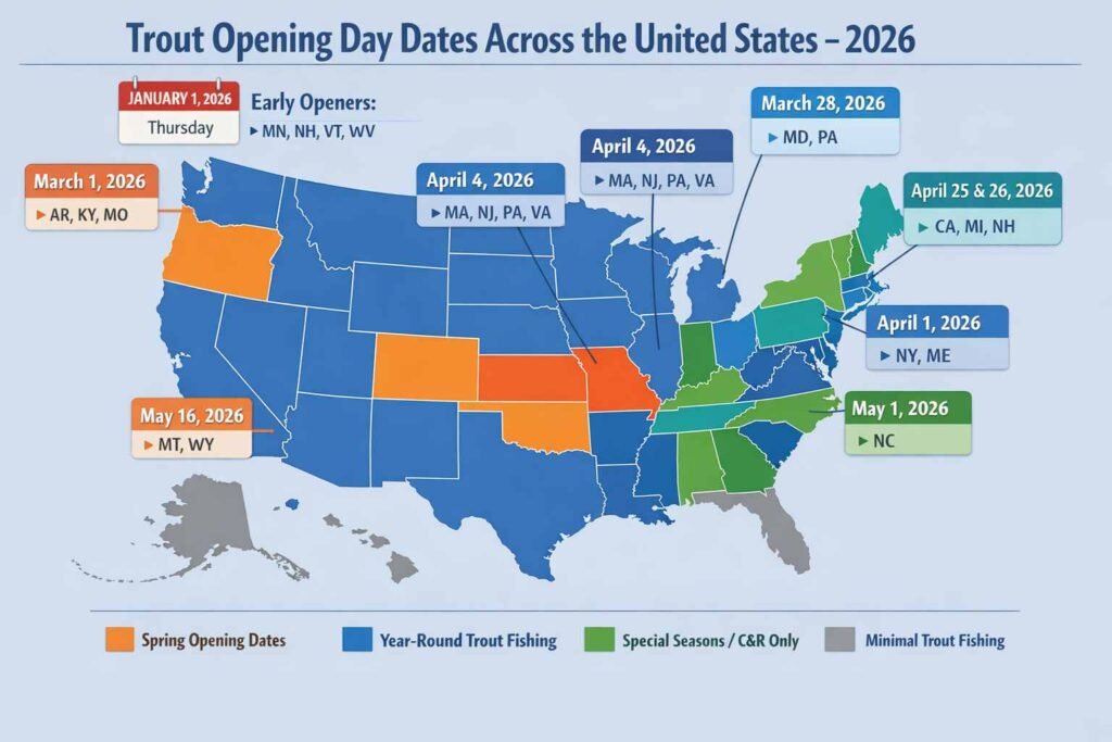 Map showing trout opening day dates across United States 2026