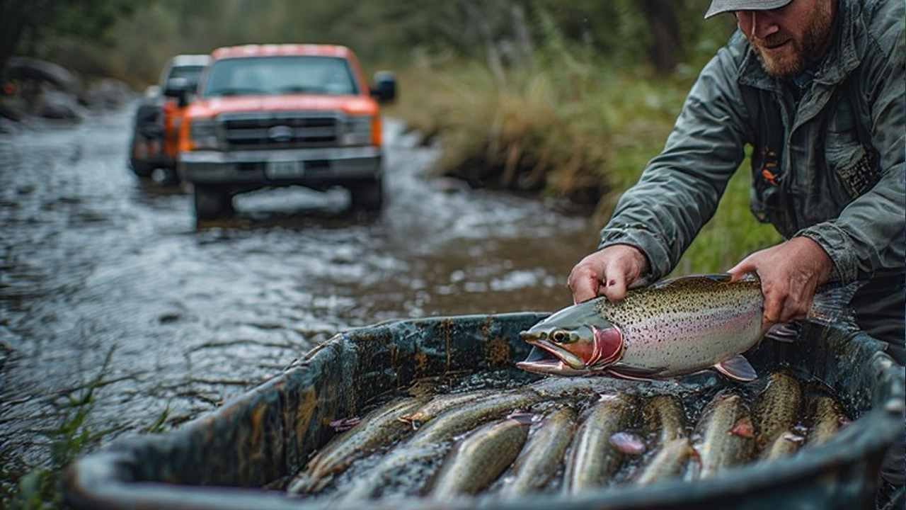 State fish hatchery truck stocking rainbow trout into public stream